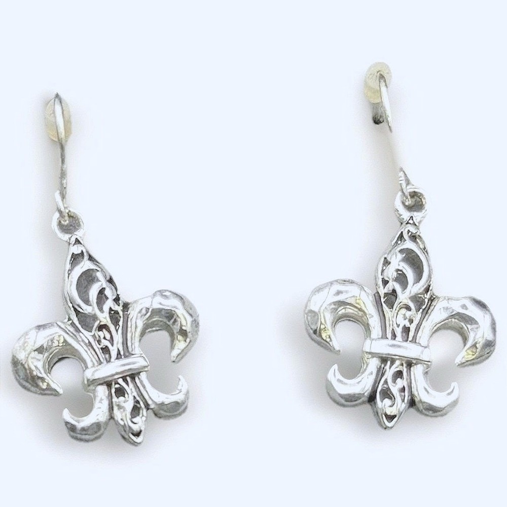 Vintage Fleur de Lis Dangle Earrings Silver Tone Pierced Hook NOLA